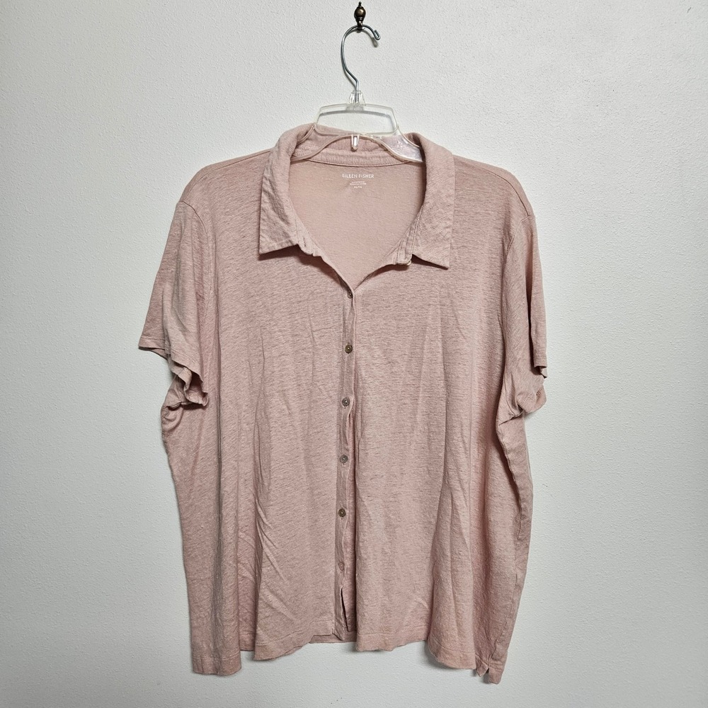 Eileen Fisher Organic Linen Jersey Short Sleeve Button Down Shirt Pink XL